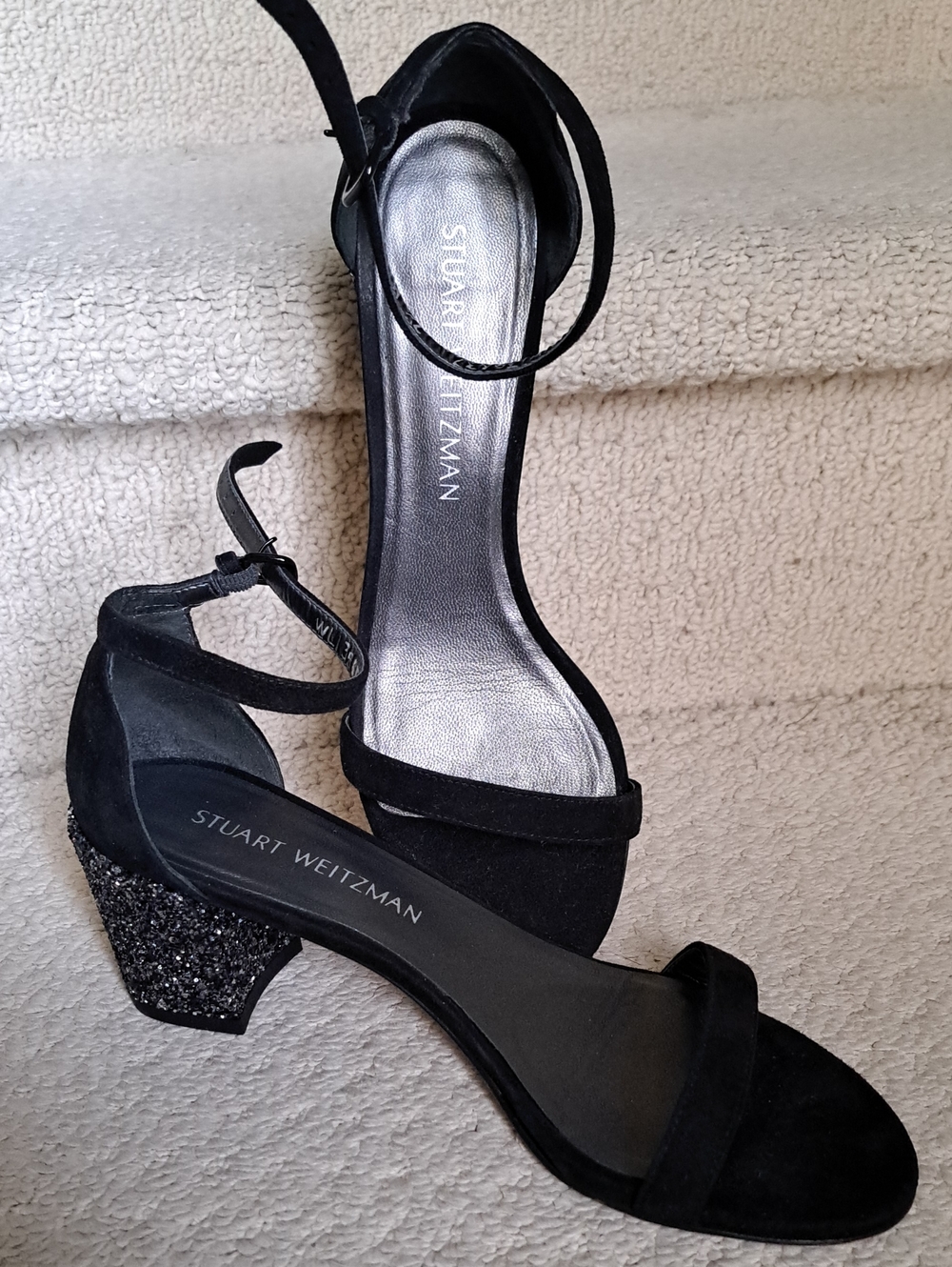 Stuart Weitzman Nudist Black Suede Glitter Block Heel Sandals / Pumps.